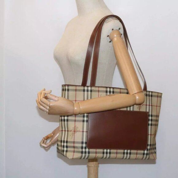 BURBERRY Nova Check Tote Bag PVC Leather Beige Auth